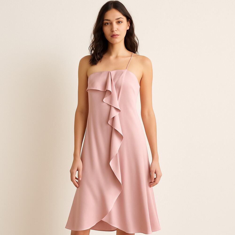 Renato Nucci Paris 100% Silk Blush Ruffle Slip Dress Midi Elegant French Design - Picture 2 of 13